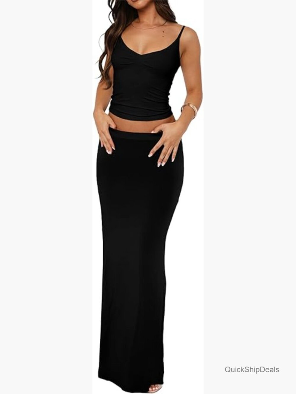 Sleeveless Spaghetti Strap Pleated Tank Top Maxi Skirt Set